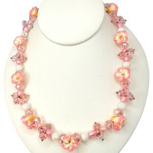 Pink Crystal Flower Beaded Necklace 19.5" Kawaii Style Hawaiian Spring Jewelry